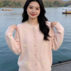 批发韩系假两件粉色上衣女春<b class='q'>秋</b>新款好看慵懒风蝴蝶结针织开衫毛衣外套