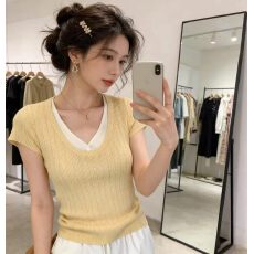 批发2026夏季新款别致气质减龄漂亮小衫时尚设计感假两件针织T恤上衣