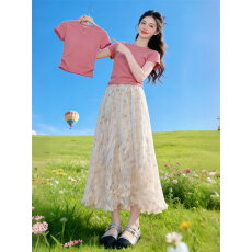 批发2026新款超火一整套<b class='q'>休闲</b>漂亮穿搭短袖T恤碎花半身裙子两件套<b class='q'>女装</b>