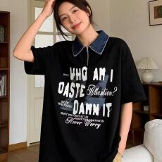 批发美式复古polo衫棒球字母印花短袖男女夏季牛仔假两件撞色情侣上衣