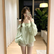批发法式荷叶边一字肩<b class='q'>衬衫</b>女夏季高级感宽松显瘦露肩吊带<b class='q'>雪纺</b><b class='q'>上衣</b>