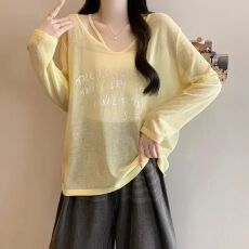 批发韩版慵懒字母印花<b class='q'>长袖</b>针织防晒罩衫女夏季薄款设计感宽松露肩上衣