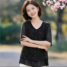 批发加宽<b class='q'>加大</b>女装大码女装休闲宽松上衣26年夏圆领半袖拼接雪纺显瘦