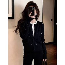 批发韩系黑色烫钻针织开衫女早春穿搭高级感气质毛衣外套外搭<b class='q'>短</b>款上衣