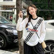 批发雪花棉美式复古运动风数字印花微透长袖罩<b class='q'>衫</b>T恤女抽绳慵懒<b class='q'>空调</b><b class='q'>衫</b>
