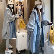 批发<b class='q'>秋</b>冬新款炸街休闲工装连帽牛仔拼接卫衣外套女宽松中长款百搭上衣