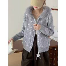 批发复古美式轻亚风大毛领连帽针织<b class='q'>卫衣</b>女秋冬慵懒波点拉链<b class='q'>开衫</b>厚外套