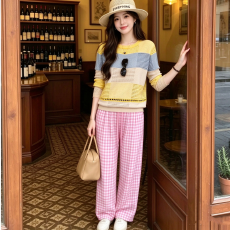 原版做法+针织质量镂空针织衫女秋装外穿条纹毛衣长袖拼色上衣