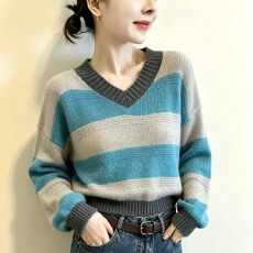 批发撞色条纹绵羊毛针织衫女<b class='q'>欧洲站</b>2026秋季新款欧货女装毛衣短外套