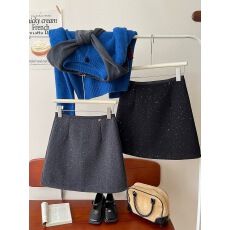 批发氛围感复古miu系亮片羊绒毛呢料短裙女秋冬小香风闪闪a字半身裙子