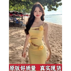 批发<b class='q'>泰国</b>辣妹黄色镂空吊带显身材连衣裙海岛度假风多巴胺穿搭沙滩长裙