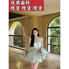 批发For Fay 薄荷绿仙气纯欲<b class='q'>雪纺</b>荷叶边挂脖衬衫套装+裙裤套装