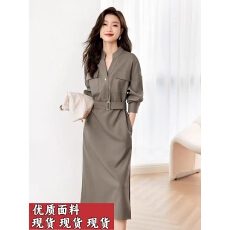 批发23秋季造型感V领收腰显瘦<b class='q'>衬衫</b>女连衣裙气质长袖轻奢