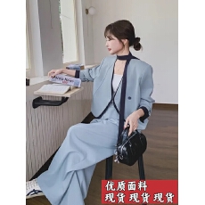 批发2025年早春新款蓝色西装长袖外套上衣<b class='q'>女</b>高腰西装阔腿裤<b class='q'>长</b>裤套装