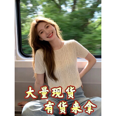 批发小个子白色麻花<b class='q'>针织衫</b>正肩短袖t恤女夏季设计感修身<b class='q'>短款</b>冰丝上衣