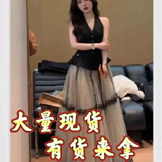 批发2026夏季御姐炸街背心短上衣复古百搭波点网纱大摆显瘦<b class='q'>半身</b>裙套装
