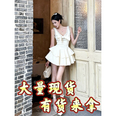 批发米白手工钉珠v领可一字肩哑光缎面吊带背心<b class='q'>连衣裙</b>公主礼服蓬蓬裙