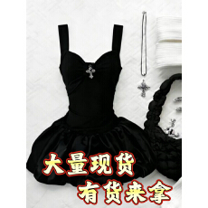 批发纯欲风辣妹穿搭黑色十<b class='q'>字</b>架吊带蓬蓬<b class='q'>连衣裙</b>短款修身收腰显瘦花苞裙