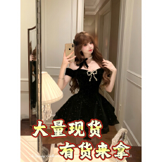 批发SISI JIANG38 2000璀璨千金法式高级感黑色<b class='q'>丝绒</b><b class='q'>连衣裙</b>