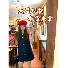 批发aaaaxbbb 南法湖边 牛仔背心裙单排扣复古时髦微收腰无袖连衣裙女