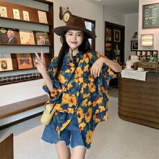 批发闺蜜装碎花短袖衬衫女特漂亮看团体出游海边休闲表演姐妹服衬衣