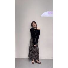 批发2025秋季新款韩系设计感挂脖露肩长袖丝绒上衣女百搭豹纹<b class='q'>半身裙</b>