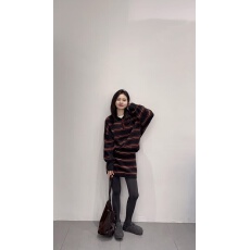 2025秋冬新款法式复古POLO领条纹显瘦宽松上衣百搭高腰半身裙套装