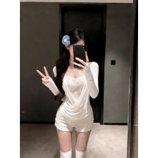 批发性感气质显瘦白色<b class='q'>蕾丝</b>打底修身长袖上衣辣妹外穿短裤时尚两件套女