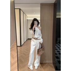 批发2026春季新款韩版宽松斜肩长袖T恤上衣休闲阔腿裤长款两件套装女