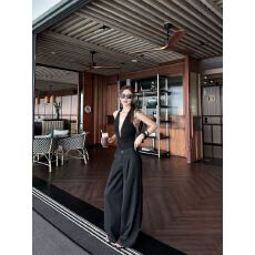 批发黑色v领挂脖吊带背心女夏季外穿<b class='q'>修身</b>辣妹上衣高腰垂感休闲裤套装