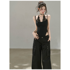 批发纯欲性感蕾丝挂脖连体衣吊带背心女辣妹修身上衣百搭工装<b class='q'>长裤</b>子