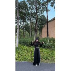 批发秋季运动风撞色休闲套装新款显瘦百搭<b class='q'>条纹</b>阔腿<b class='q'>裤</b><b class='q'>黑色</b>T恤长袖上衣