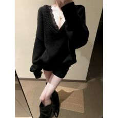 批发纯欲辣妹修身黑色蕾丝背心上衣v领毛衣<b class='q'>女</b>秋季气质百搭<b class='q'>短裤</b>子套装