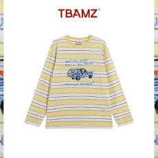 批发【BONJOUR】TBAMZ 美式甜酷汽车立体刺绣黄白<b class='q'>条纹</b><b class='q'>长袖</b><b class='q'>T</b><b class='q'>恤</b>