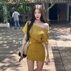 批发黄色斜肩短袖<b class='q'>T</b><b class='q'>恤</b>连衣裙女夏季设计感修身收腰裙子辣妹风包臀短裙
