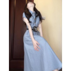 批发韩系学院风蓝色短袖衬衫<b class='q'>连衣裙</b>女夏季<b class='q'>气质</b>高级收腰长裙