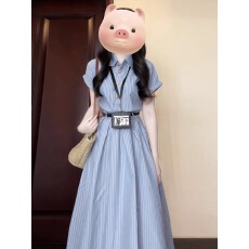 批发韩系学院风蓝色短袖衬衫<b class='q'>连衣裙</b>女夏季气质高级收腰长裙