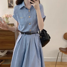 批发优质质量  韩系学院风蓝色短袖衬衫连衣裙女夏季气质高级收腰长裙