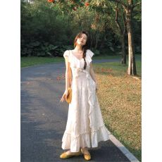 批发优质质量  法式初恋<b class='q'>荷叶边</b>V领碎花<b class='q'>连衣裙</b>女夏季新款收腰仙女长裙