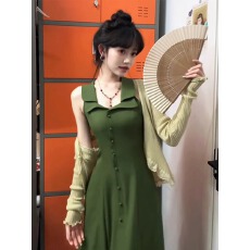 批发优质质量  绿色挂脖吊带<b class='q'>连衣裙</b>子女夏季2026新款收腰气质背心长裙