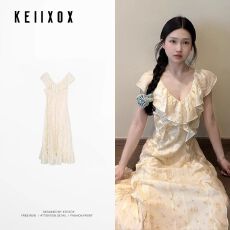 批发优质质量！法式初恋荷叶边V领碎花连衣裙女夏季新款收腰仙女长裙