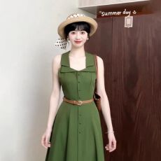 批发绿色挂脖吊带<b class='q'>连衣裙</b>子女夏季2025新款收腰气质背心长裙