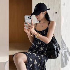 批发优质质量！左边女装高腰无袖吊带裙2025夏季新款蝴蝶结印花连衣裙