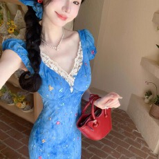 批发优质质量  法式复古气质名媛高级感<b class='q'>连衣裙</b>女夏季新款收腰显瘦长款