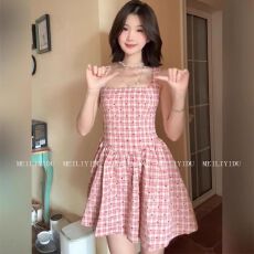 批发原版面料！纯欲风甜美短裙夏季收腰显瘦俏皮少女格纹吊带连衣裙女