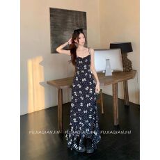 批发优质质量  左边女装高腰<b class='q'>无袖</b>吊带裙2026夏季新款蝴蝶结印花<b class='q'>连衣裙</b>