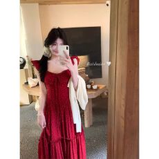 批发法式复古红色波点甜美气质<b class='q'>连衣裙</b>女夏季收腰显瘦度长裙