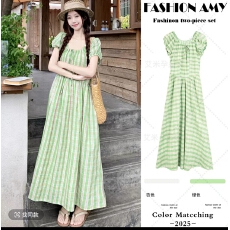 批发优质质量  绿色格子泡泡袖连衣<b class='q'>裙</b>女夏泰式多巴胺海边度假<b class='q'>棉麻</b>长<b class='q'>裙</b>