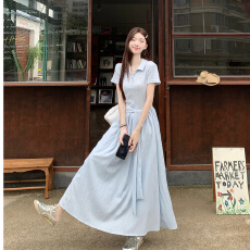 批发小个子夏季<b class='q'>气质</b>设计感独特漂亮<b class='q'>连衣裙</b>蓝色大方短袖裙子