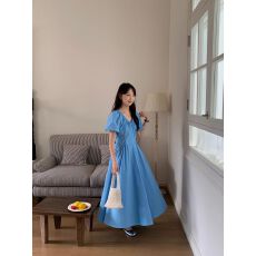 批发优质质量 蓝色<b class='q'>泡泡袖</b>V领<b class='q'>连衣裙</b>女夏季新款多巴胺收腰显瘦气质长裙